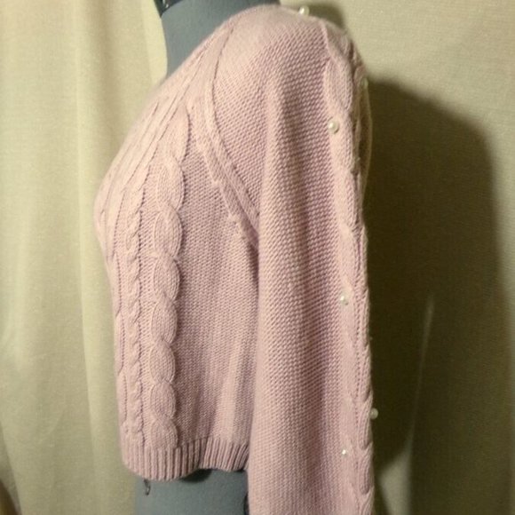 FRESHMAN Cable knit Pearl Beaded Sweater Top XS Pink crop Scoop neck Long Sleev - Picture 3 of 10